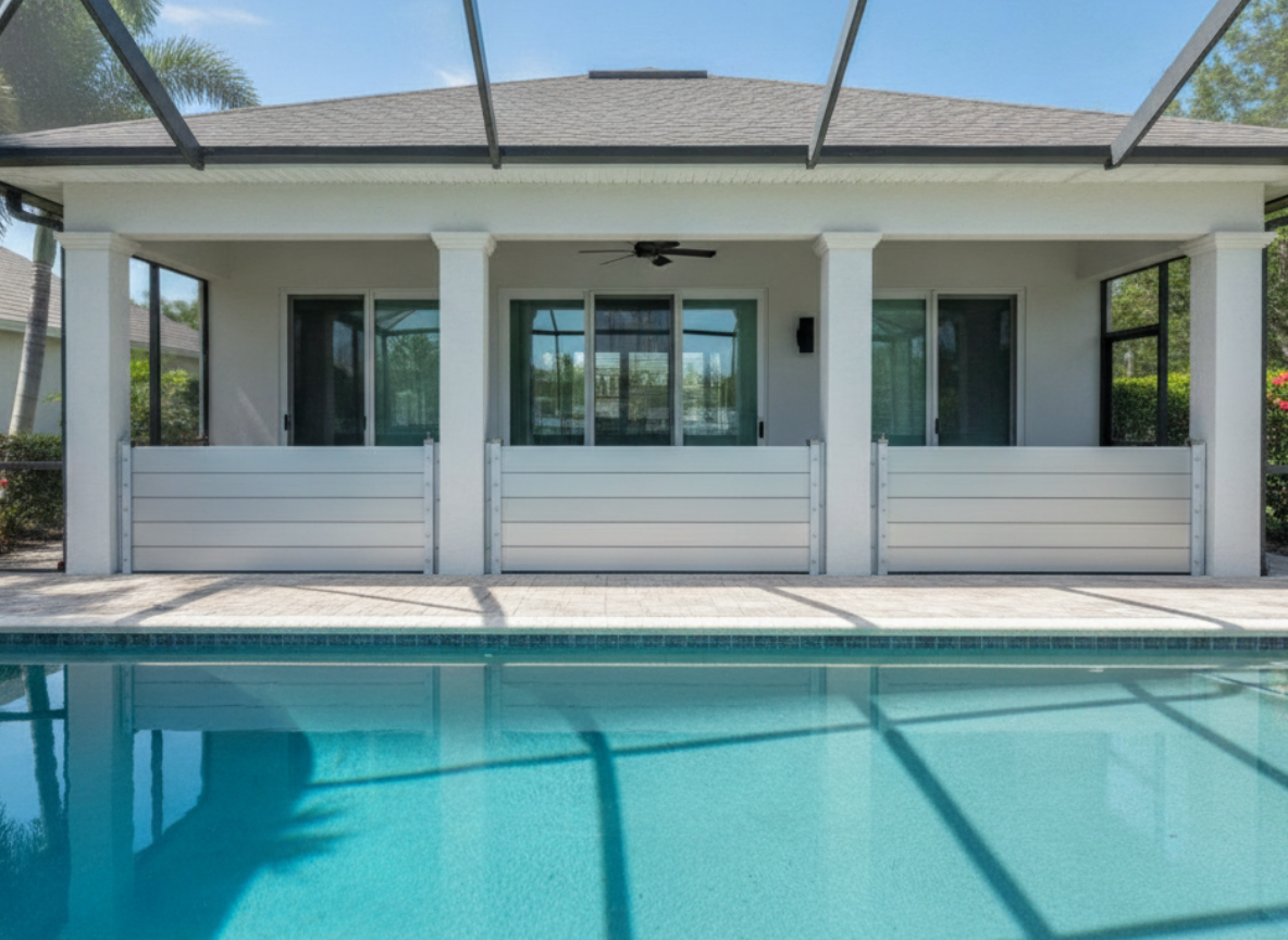 Pool and patio flood barrier on a luxury Miami home
