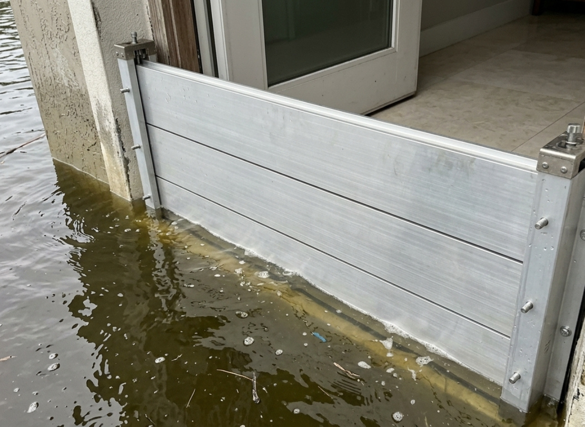 Front doorway with floodwater held back, dry interior