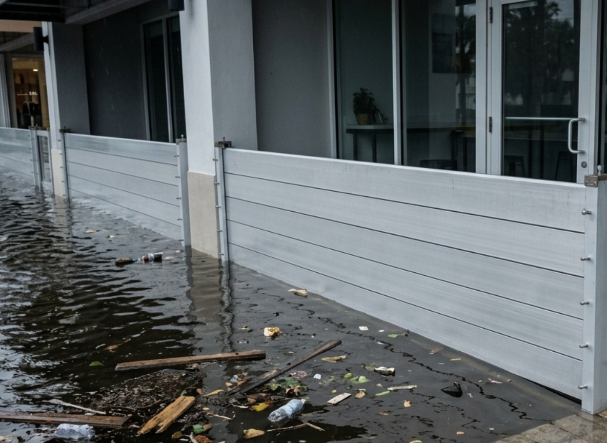 Storefront with floodwater held back, dry interior