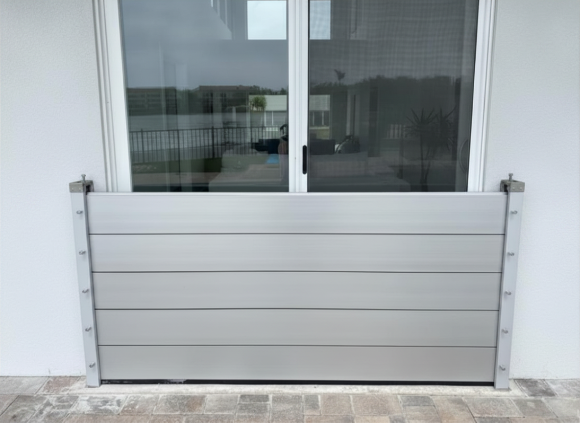 Close-up of the aluminum flood barrier fitted to sliding doors