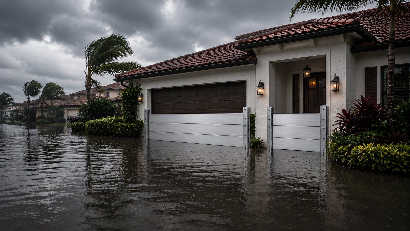Florida home protected by aluminum flood barriers on the garage and entrance while the street floods under a stormy overcast sky