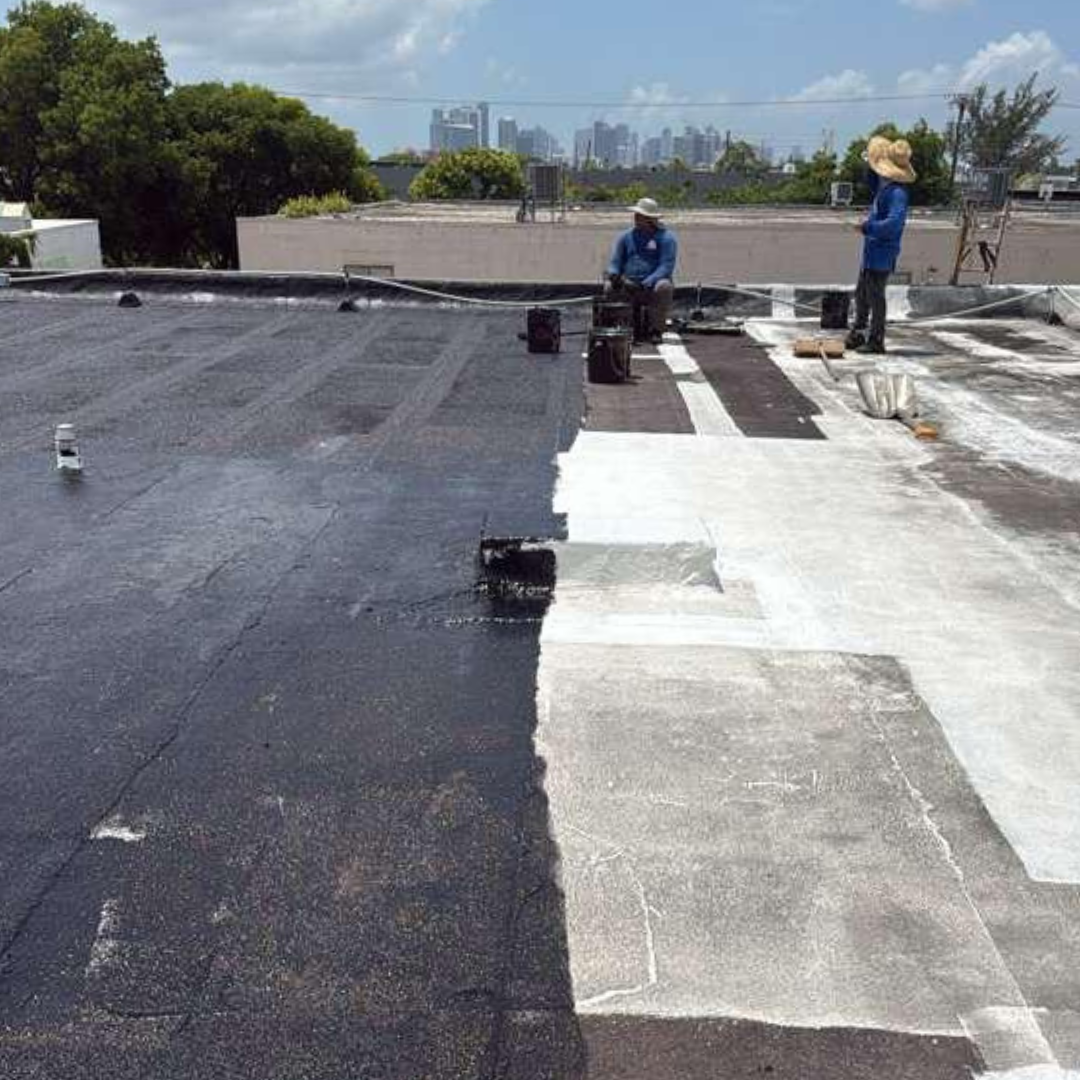 Roof coating in progress