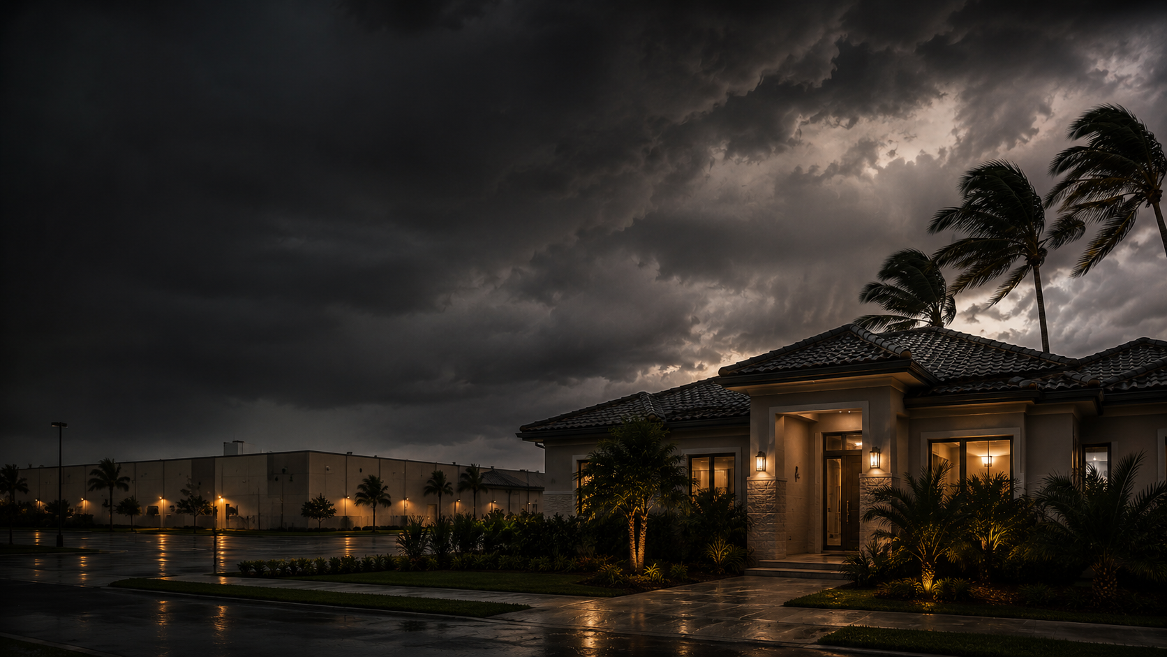 Residential home and commercial building under a stormy South Florida sky